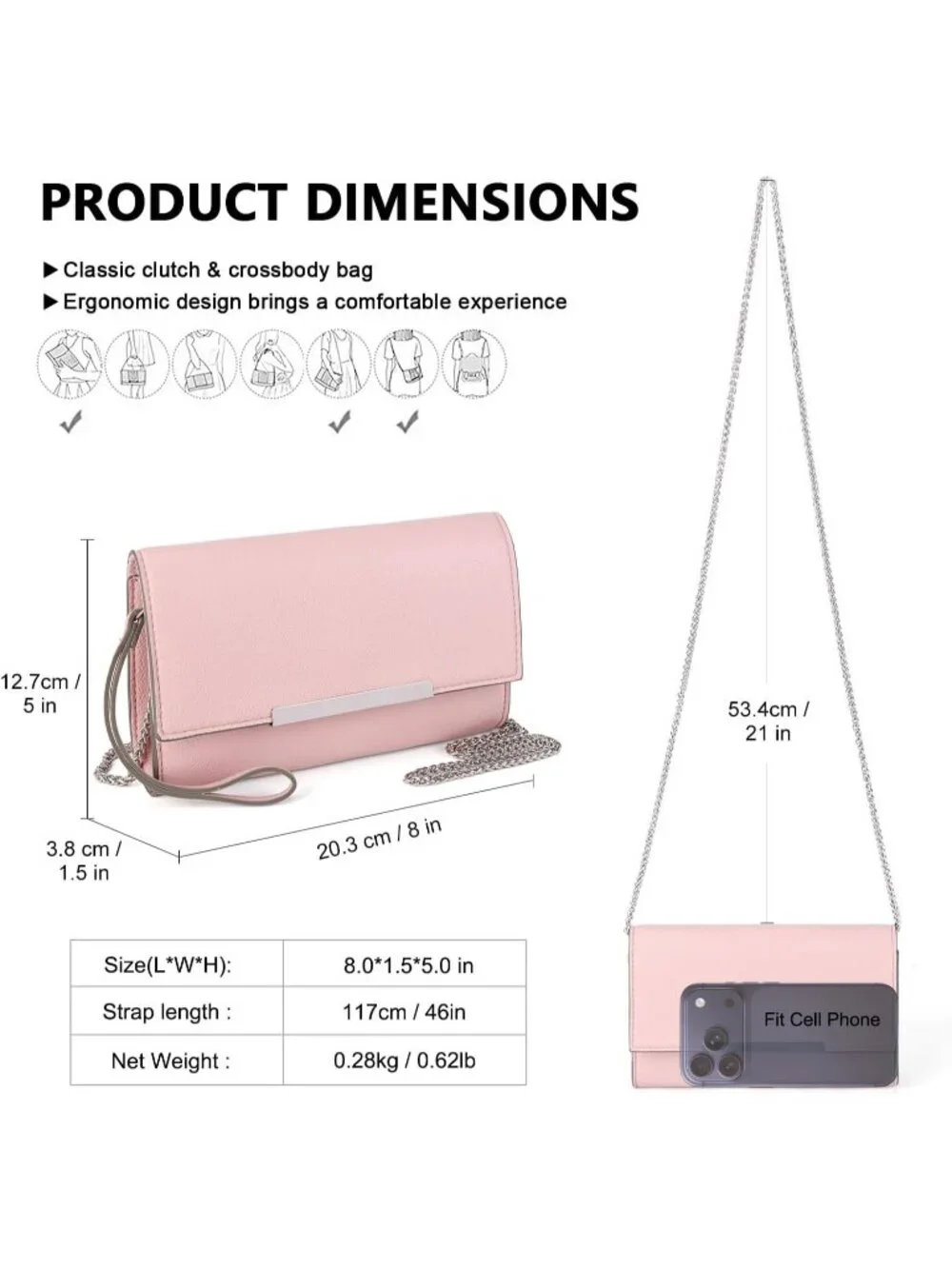 Women’s Light Pink Clutch Purses Wristlet Vegan Leather Formal Evening Bag